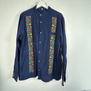 Mens Long-Sleeve Floral Embroidered Mexican Guayabera Shirt Blue Mandarin Collar